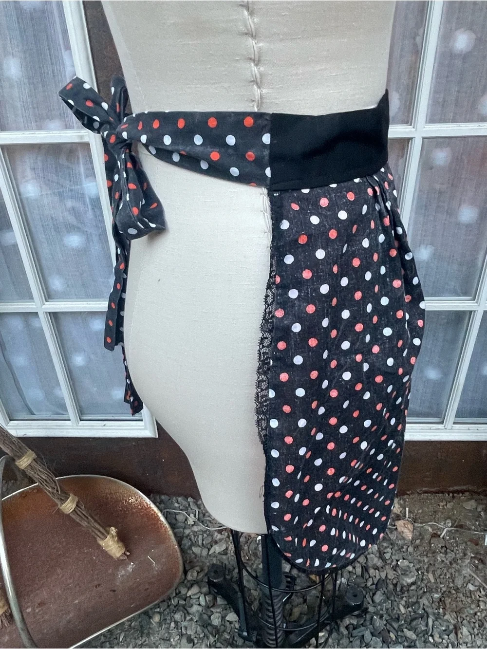 Vintage Orange and Black Polka Dot Half Apron - Kitchen Linen